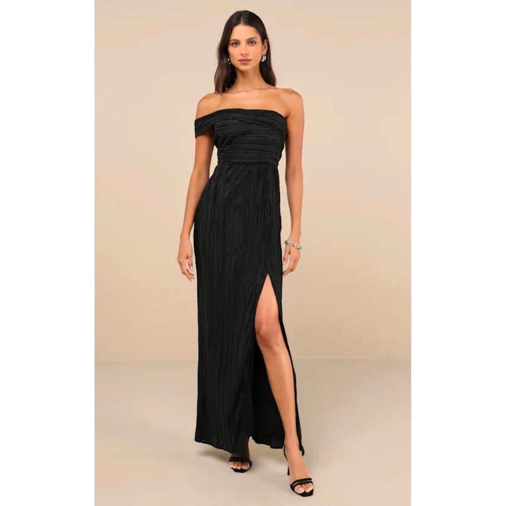 Lulus Poised Performance Plisse One Shoulder Maxi Gown Black Medium Womens Dress